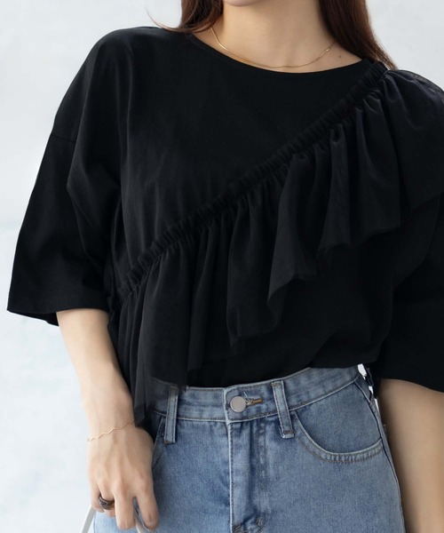 Howdy Marie（ハウディ―マリー）の「Howdy Marieギャザーチュール 5分袖Ｔシャツ（Tシャツ/カットソー・レディース・ブラック/チャコールグレー/オフホワイト・M/L）」の6枚目の写真