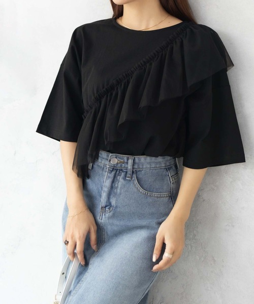 Howdy Marie（ハウディ―マリー）の「Howdy Marieギャザーチュール 5分袖Ｔシャツ（Tシャツ/カットソー・レディース・ブラック/チャコールグレー/オフホワイト・M/L）」の7枚目の写真