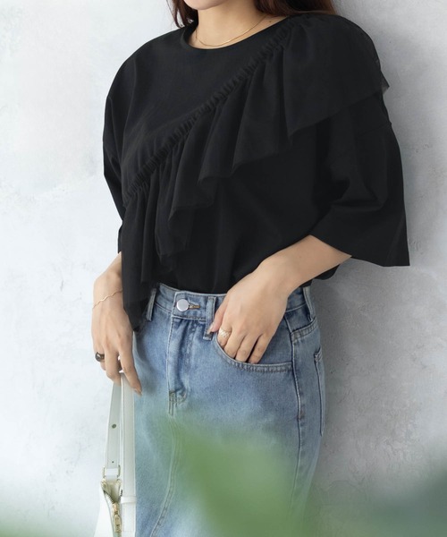 Howdy Marie（ハウディ―マリー）の「Howdy Marieギャザーチュール 5分袖Ｔシャツ（Tシャツ/カットソー・レディース・ブラック/チャコールグレー/オフホワイト・M/L）」の8枚目の写真