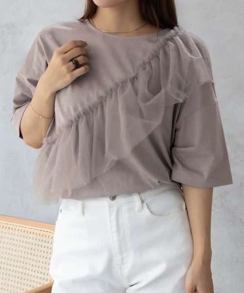 Howdy Marie（ハウディ―マリー）の「Howdy Marieギャザーチュール 5分袖Ｔシャツ（Tシャツ/カットソー・レディース・ブラック/チャコールグレー/オフホワイト・M/L）」の10枚目の写真