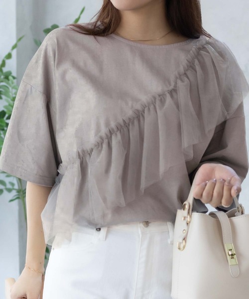 Howdy Marie（ハウディ―マリー）の「Howdy Marieギャザーチュール 5分袖Ｔシャツ（Tシャツ/カットソー・レディース・ブラック/チャコールグレー/オフホワイト・M/L）」の11枚目の写真