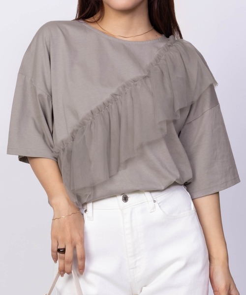 Howdy Marie（ハウディ―マリー）の「Howdy Marieギャザーチュール 5分袖Ｔシャツ（Tシャツ/カットソー・レディース・ブラック/チャコールグレー/オフホワイト・M/L）」の12枚目の写真