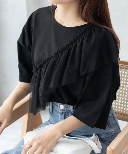 Howdy Marie（ハウディ―マリー）の「Howdy Marieギャザーチュール 5分袖Ｔシャツ（Tシャツ/カットソー・レディース・ブラック/チャコールグレー/オフホワイト・M/L）」の21枚目の写真