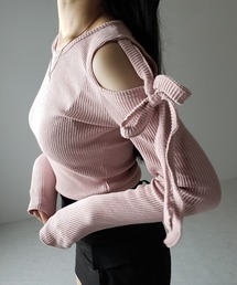 【 3color 】カットアウトショルダーリボンリブトップス / Cut-out shoulder ribbon rib tops