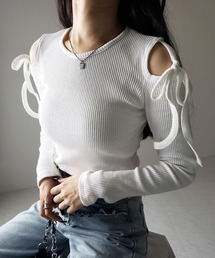 【 3color 】カットアウトショルダーリボンリブトップス / Cut-out shoulder ribbon rib tops