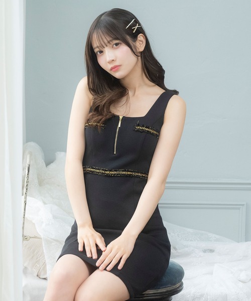 Tika(ティカ)の「キャバドレス ミニ タイト ノースリーブ チェーン縁取りノースリーブバストジップドレス ワンピース キャバワンピ(ワンピース・レディース・ブラック/ピンク/ベージュ・M/XL/L/S)」の9枚目の写真