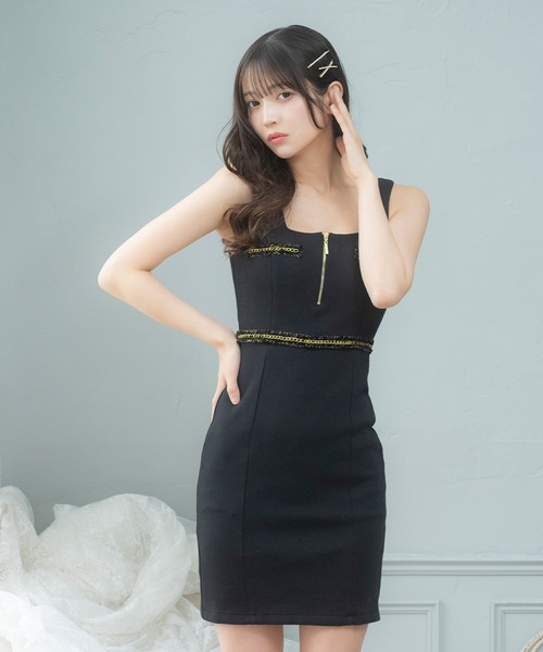 Tika(ティカ)の「キャバドレス ミニ タイト ノースリーブ チェーン縁取りノースリーブバストジップドレス ワンピース キャバワンピ(ワンピース・レディース・ブラック/ピンク/ベージュ・M/XL/L/S)」の8枚目の写真