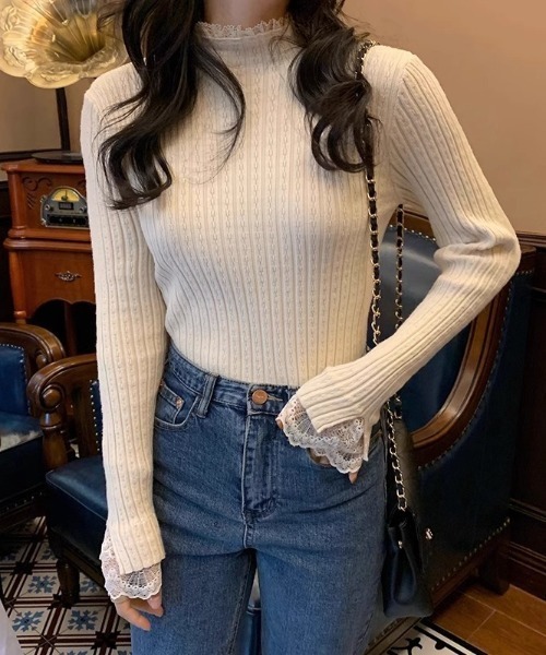 SHEPP(シープ)の「レースフェイクレイヤード シンプルリブロンT(Tシャツ/カットソー・レディース・アイボリー/ブラック/ホワイト・F)」の11枚目の写真