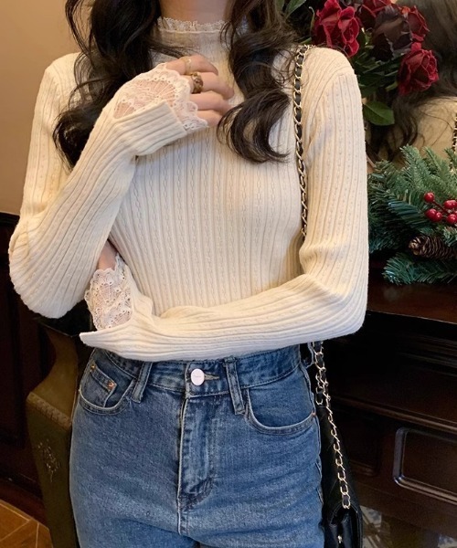 SHEPP(シープ)の「レースフェイクレイヤード シンプルリブロンT(Tシャツ/カットソー・レディース・アイボリー/ブラック/ホワイト・F)」の12枚目の写真
