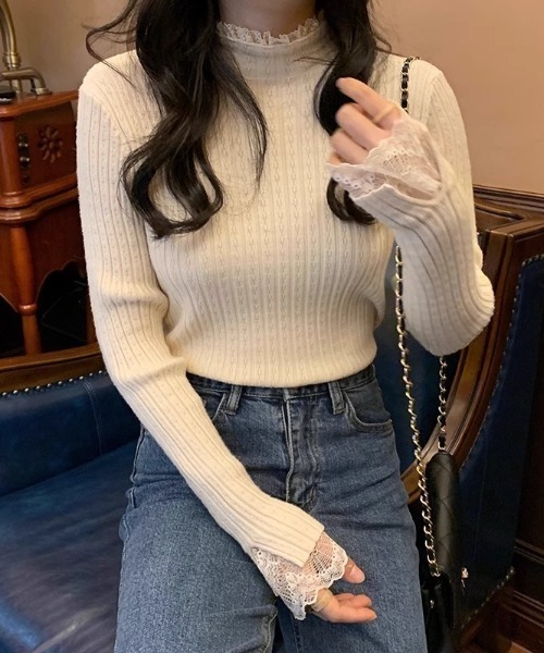 SHEPP(シープ)の「レースフェイクレイヤード シンプルリブロンT(Tシャツ/カットソー・レディース・アイボリー/ブラック/ホワイト・F)」の13枚目の写真