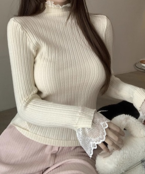 SHEPP(シープ)の「レースフェイクレイヤード シンプルリブロンT(Tシャツ/カットソー・レディース・アイボリー/ブラック/ホワイト・F)」の20枚目の写真