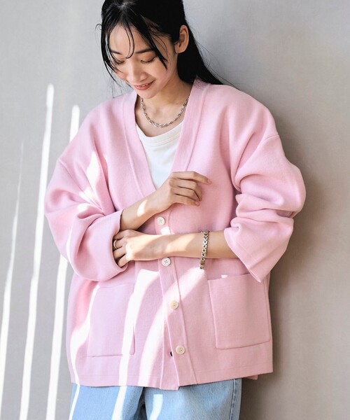 セール】コットンミックスプレーティングVネックニットカーディガン