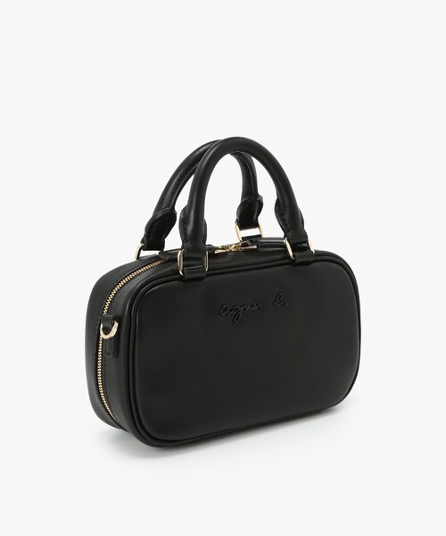 美品 agnes b 本革 2way ミニボストンバッグ エンボスロゴ ブラック セール】レザー2way ボストンバッグ