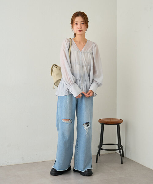 Kastane◎デニムスリットワイドパンツ 低身長サイズ追加/高身長サイズ/3サイズ展開】デニムスリット