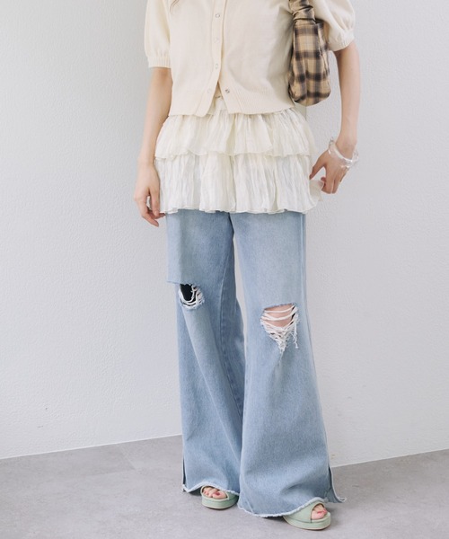Kastane◎デニムスリットワイドパンツ セール】【低身長サイズ追加/高身長サイズ/3サイズ展開/5色展開