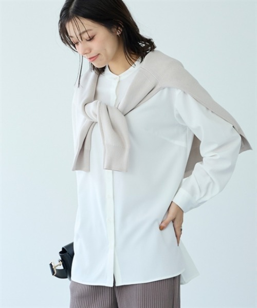 nissen(ニッセン)の「さらとろバンドカラーロングシャツ(防しわ・吸汗速乾)<大きいサイズ有>(シャツ/ブラウス・レディース・グレイッシュベージュ/セージグリーン/ブラック/オフホワイト・LL/S/M/L/3L)」の5枚目の写真