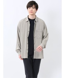 シャツ メンズ 長袖 ストレッチ ステッチ レギュラーカラー ゆったり オーバーサイズ 胸ポケット レーヨン ナイロン タスラン