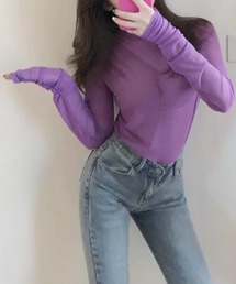シャーリング シアー メッシュ タートル トップス