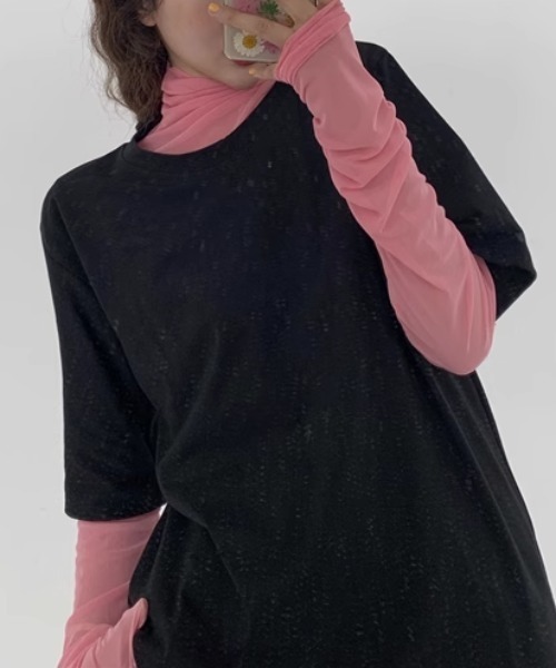 CELENA BEATS(セレナビーツ)の「シャーリング シアー メッシュ タートル トップス(Tシャツ/カットソー・レディース・ホワイト/ブラック/グリーン/ブルー/パープル/イエロー/ピンク・FREE)」の15枚目の写真