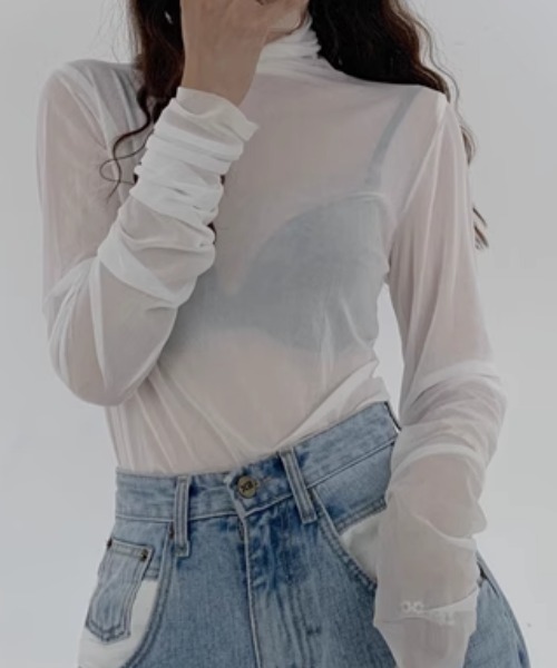 CELENA BEATS(セレナビーツ)の「シャーリング シアー メッシュ タートル トップス(Tシャツ/カットソー・レディース・ホワイト/ブラック/グリーン/ブルー/パープル/イエロー/ピンク・FREE)」の10枚目の写真