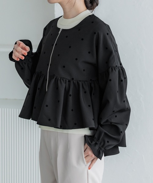 coca（coca）（コカ）の「フロッキードットフレアジャケット（ブルゾン・レディース・ブラック・L/M）」の7枚目の写真