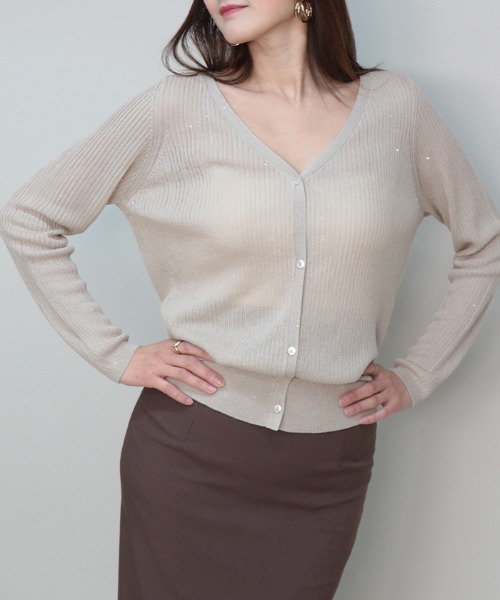 AMBIENT（アンビエント）の「スパンコールヤーンシアーリブニットカーディガン（カーディガン/ボレロ・レディース・ベージュ/ブラック/イエロー/ミント・FREE）」の3枚目の写真