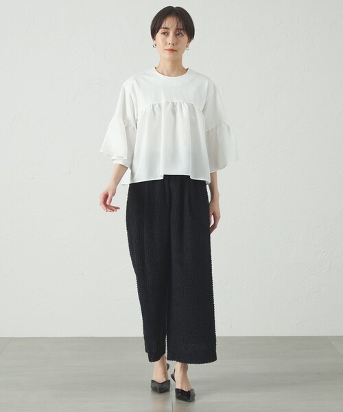 CAST:（キャストコロン）の「【1枚で着映える】タフタコンビウェーブカットソー（Tシャツ/カットソー・レディース・ホワイト/ブラック/グリーン・M）」の4枚目の写真