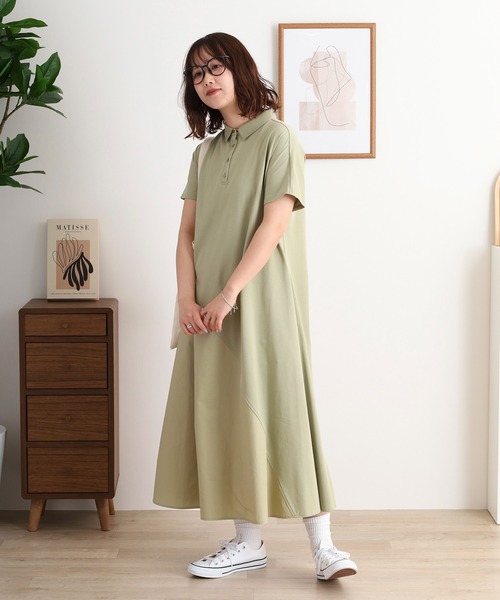 Anna Nicola(アンナニコラ)の「Anna Nicola アシメ切り替え半袖ポロ衿ワンピース(ワンピース・レディース・カーキ/マスタード/ブラック・38)」の1枚目の写真