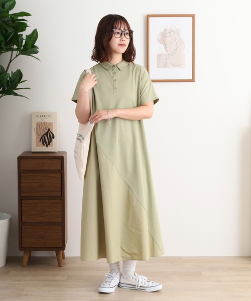 Anna Nicola(アンナニコラ)の「Anna Nicola アシメ切り替え半袖ポロ衿ワンピース(ワンピース・レディース・カーキ/マスタード/ブラック・38)」の6枚目の写真