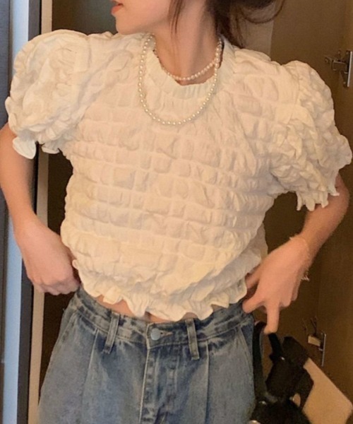 Coo+i(クーイ)の「ぽこぽこパフスリーブ半袖カットソー(Tシャツ/カットソー・レディース・ブラック/ホワイト・FREE)」の4枚目の写真