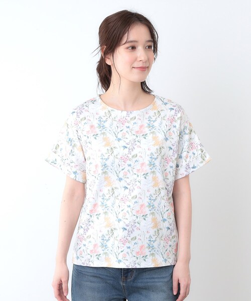 LAURA ASHLEY（ローラアシュレイ）の「【ギフトにおすすめ！日本製/コットン100％】エルストンガーデン柄スムースTシャツ（Tシャツ/カットソー・レディース・ホワイト系3/ネイビー系・38/40）」の7枚目の写真