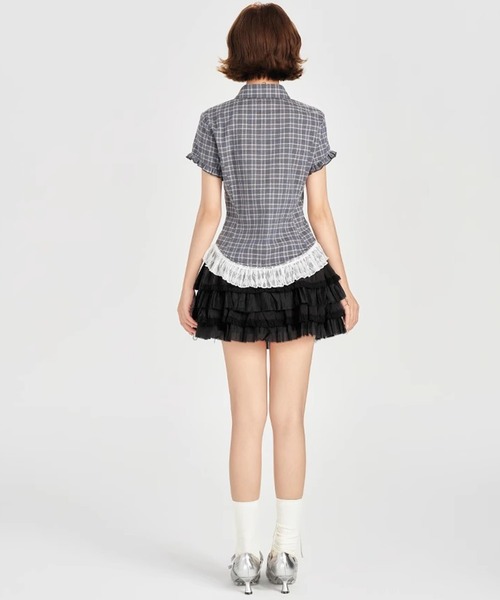 c.u.l（シーユーエル）の「チェック柄 フリルヘム 襟付き半袖シャツ GH25s096【Girlyhalo】（シャツ/ブラウス・レディース・チェック・S/M/L）」の6枚目の写真