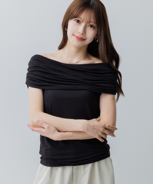 SENEE(セニー)の「drape rame off shoulder(ドレープラメオフショルダー)(Tシャツ/カットソー・レディース・ブラック/ライトグレー・FREE)」の6枚目の写真