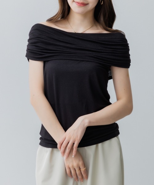 SENEE(セニー)の「drape rame off shoulder(ドレープラメオフショルダー)(Tシャツ/カットソー・レディース・ブラック/ライトグレー・FREE)」の7枚目の写真