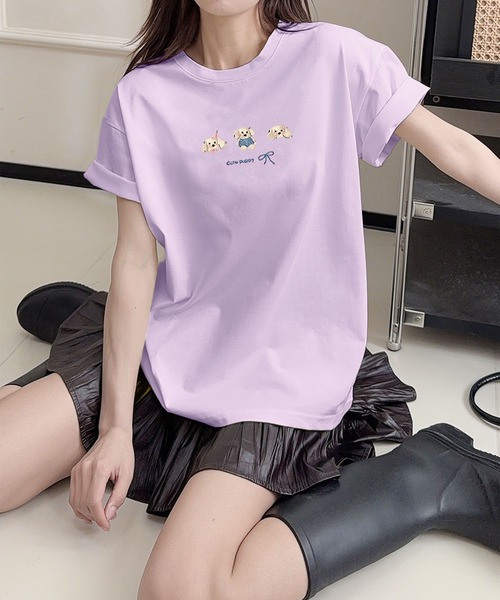 aimoha(アイモハ)の「ワンポイント刺繍Tシャツ(Tシャツ/カットソー・レディース・ブラック/ピンク/ホワイト/ライトグリーン/ライトグレー/イエロー/パープル・FREE)」の12枚目の写真
