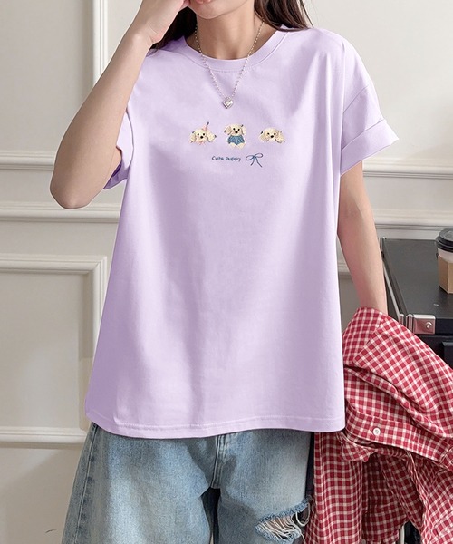 aimoha(アイモハ)の「ワンポイント刺繍Tシャツ(Tシャツ/カットソー・レディース・ブラック/ピンク/ホワイト/ライトグリーン/ライトグレー/イエロー/パープル・FREE)」の11枚目の写真