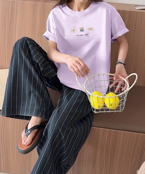 aimoha(アイモハ)の「ワンポイント刺繍Tシャツ(Tシャツ/カットソー・レディース・ブラック/ピンク/ホワイト/ライトグリーン/ライトグレー/イエロー/パープル・FREE)」の13枚目の写真