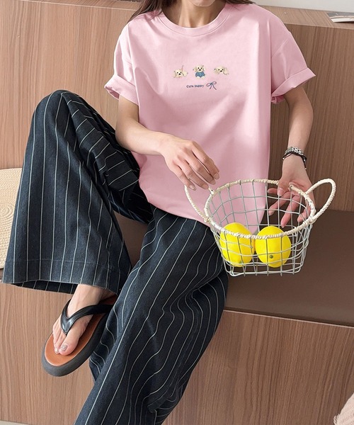 aimoha(アイモハ)の「ワンポイント刺繍Tシャツ(Tシャツ/カットソー・レディース・ブラック/ピンク/ホワイト/ライトグリーン/ライトグレー/イエロー/パープル・FREE)」の10枚目の写真