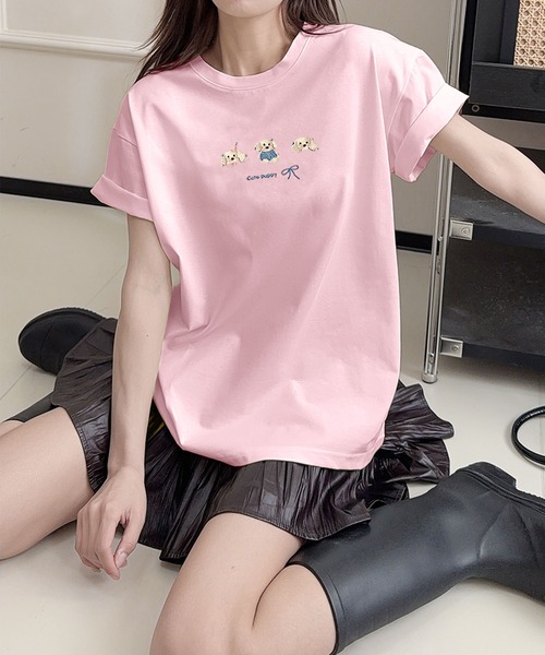 aimoha(アイモハ)の「ワンポイント刺繍Tシャツ(Tシャツ/カットソー・レディース・ブラック/ピンク/ホワイト/ライトグリーン/ライトグレー/イエロー/パープル・FREE)」の9枚目の写真