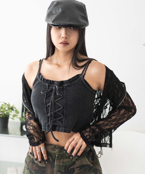 WEGO（ウィゴー）の「WEGO/レースアップデザインキャミ（キャミソール・レディース・スミクロ/ホワイト・FREE）」の2枚目の写真