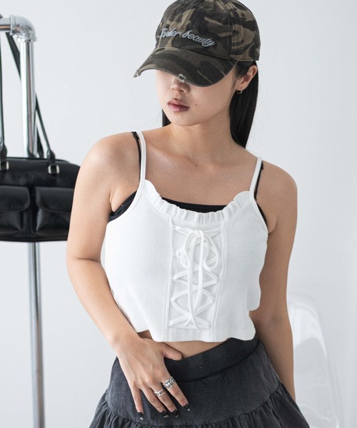 WEGO（ウィゴー）の「WEGO/レースアップデザインキャミ（キャミソール・レディース・スミクロ/ホワイト・FREE）」の9枚目の写真