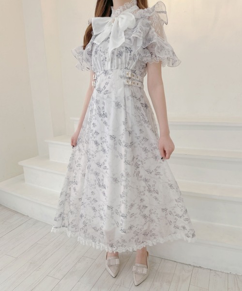 ☆美品☆Rene 近年モデル　ボウタイシフォンワンピース　パール　完売品 オフショルダーシフォンワンピ＊Z294 | cherie ange