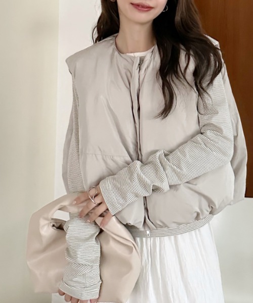 Eclat one（エクラワン）の「【Eclat one】ノーカラーショート丈 フロントジップ 中綿ベスト（ダウンベスト・レディース・ブラウン/ブラック/グレイッシュベージュ・FREE）」の5枚目の写真