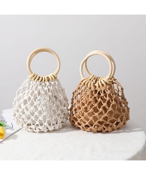 Ritzy(リッツィー)の「ウッド調ハンドル かごバック ハンドバッグ(ハンドバッグ・レディース・ブラウン/ホワイト・FREE)」の3枚目の写真