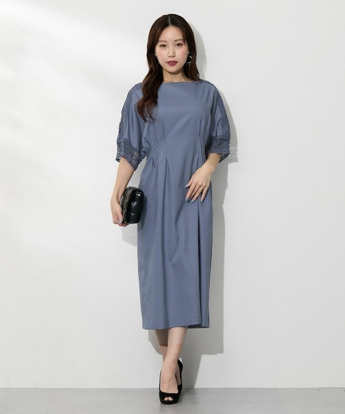 【大きい胸専用】ウエストタック半袖レースドルマンワンピース