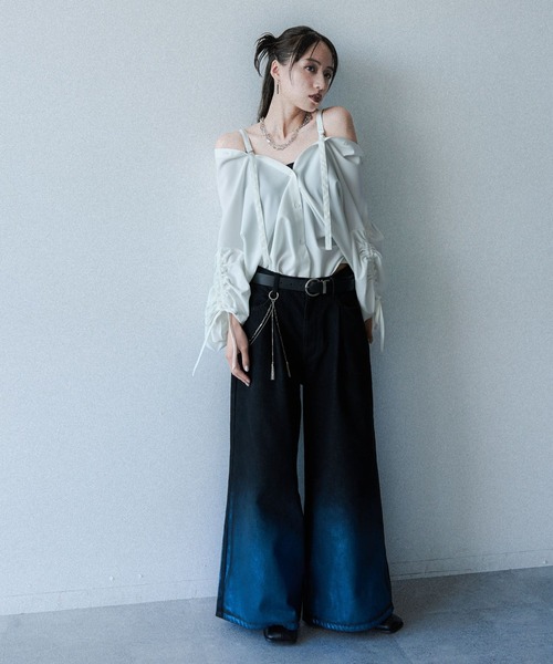 HARE(ハレ)の「2WAYイソザイオフショルシャツ(HARE)(シャツ/ブラウス・レディース・ストライプ/ブラック/ライトブルー/ホワイト/ブラック系その他/パープル・FREE)」の13枚目の写真