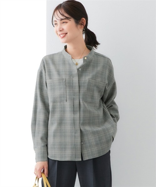 7days Life Styling(セブンデイズライフスタイリング)の「ウール調 バンドカラーシャツ (洗濯機OK)(シャツ/ブラウス・レディース・チャコール/チェック・3L/LL/L/M)」の1枚目の写真