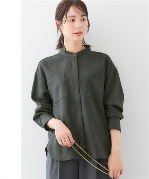 7days Life Styling(セブンデイズライフスタイリング)の「ウール調 バンドカラーシャツ (洗濯機OK)(シャツ/ブラウス・レディース・チャコール/チェック・3L/LL/L/M)」の2枚目の写真