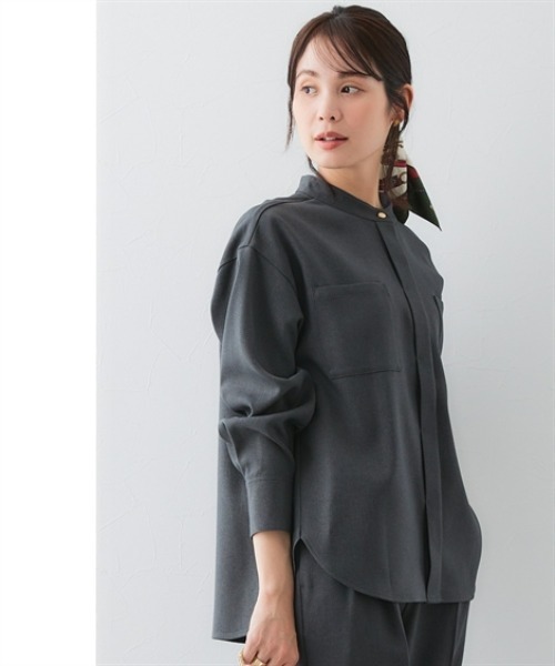 7days Life Styling(セブンデイズライフスタイリング)の「ウール調 バンドカラーシャツ (洗濯機OK)(シャツ/ブラウス・レディース・チャコール/チェック・3L/LL/L/M)」の3枚目の写真