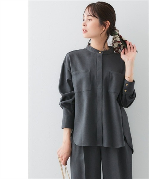 7days Life Styling(セブンデイズライフスタイリング)の「ウール調 バンドカラーシャツ (洗濯機OK)(シャツ/ブラウス・レディース・チャコール/チェック・3L/LL/L/M)」の4枚目の写真